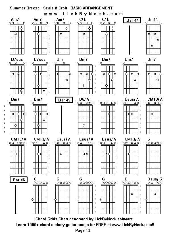 Chord Grids Chart of chord melody fingerstyle guitar song-Summer Breeze - Seals & Croft - BASIC ARRANGEMENT,generated by LickByNeck software.